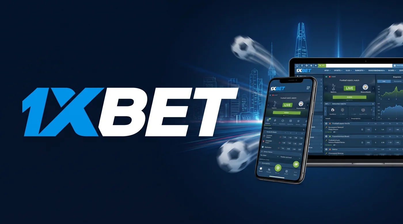 1XBET 로고와 모바일 앱, 데스크톱 화면이 표시된 1xbet 코리아 접속 가이드 배너
